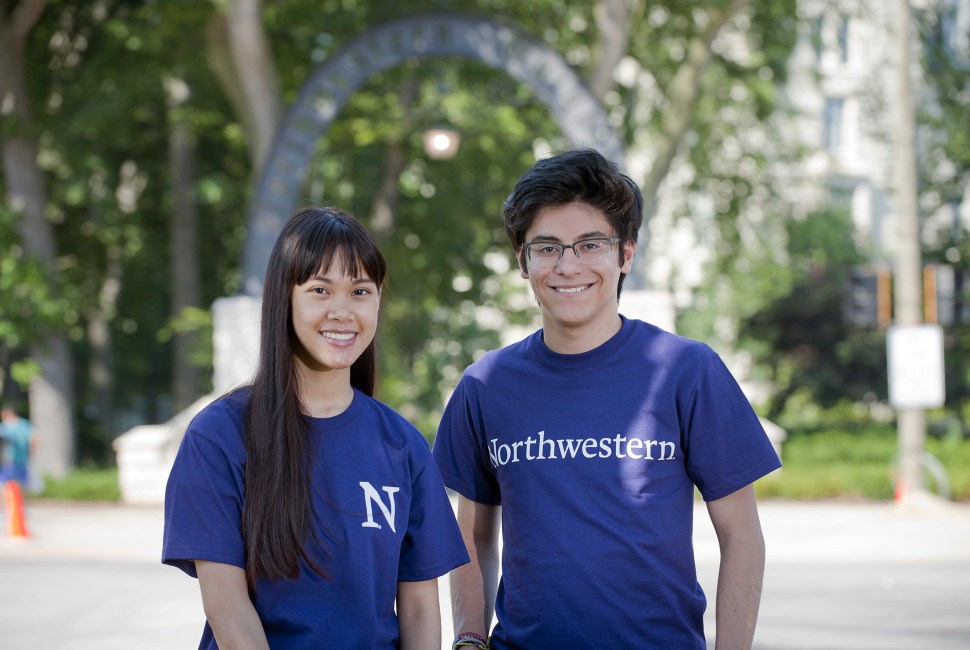 Students in front of the Northwestern arch
