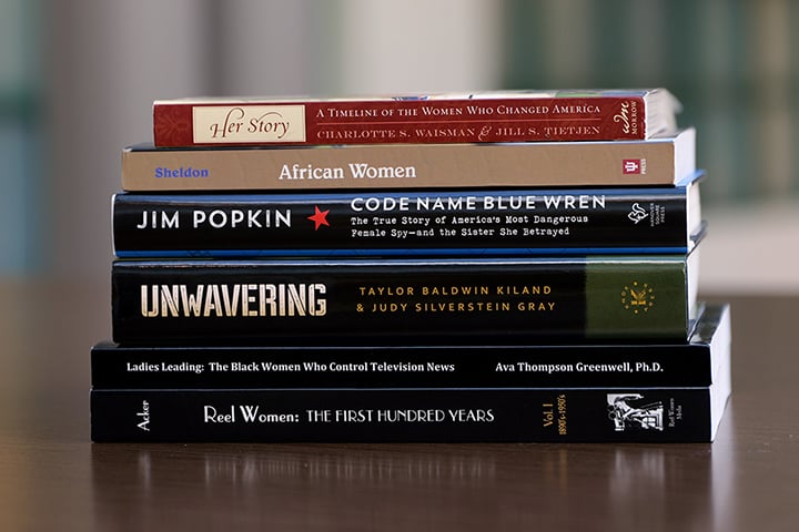 Books stacked on table